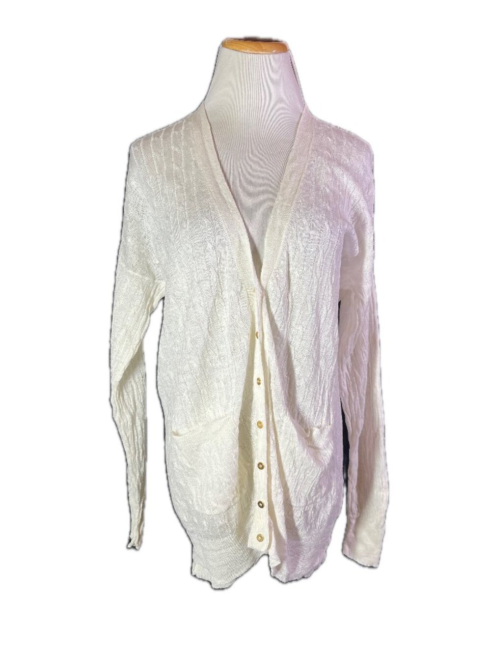 J. Crew Size L White Cable Knit Linen Cardigan Sweater V-Neck Grandpa 77253